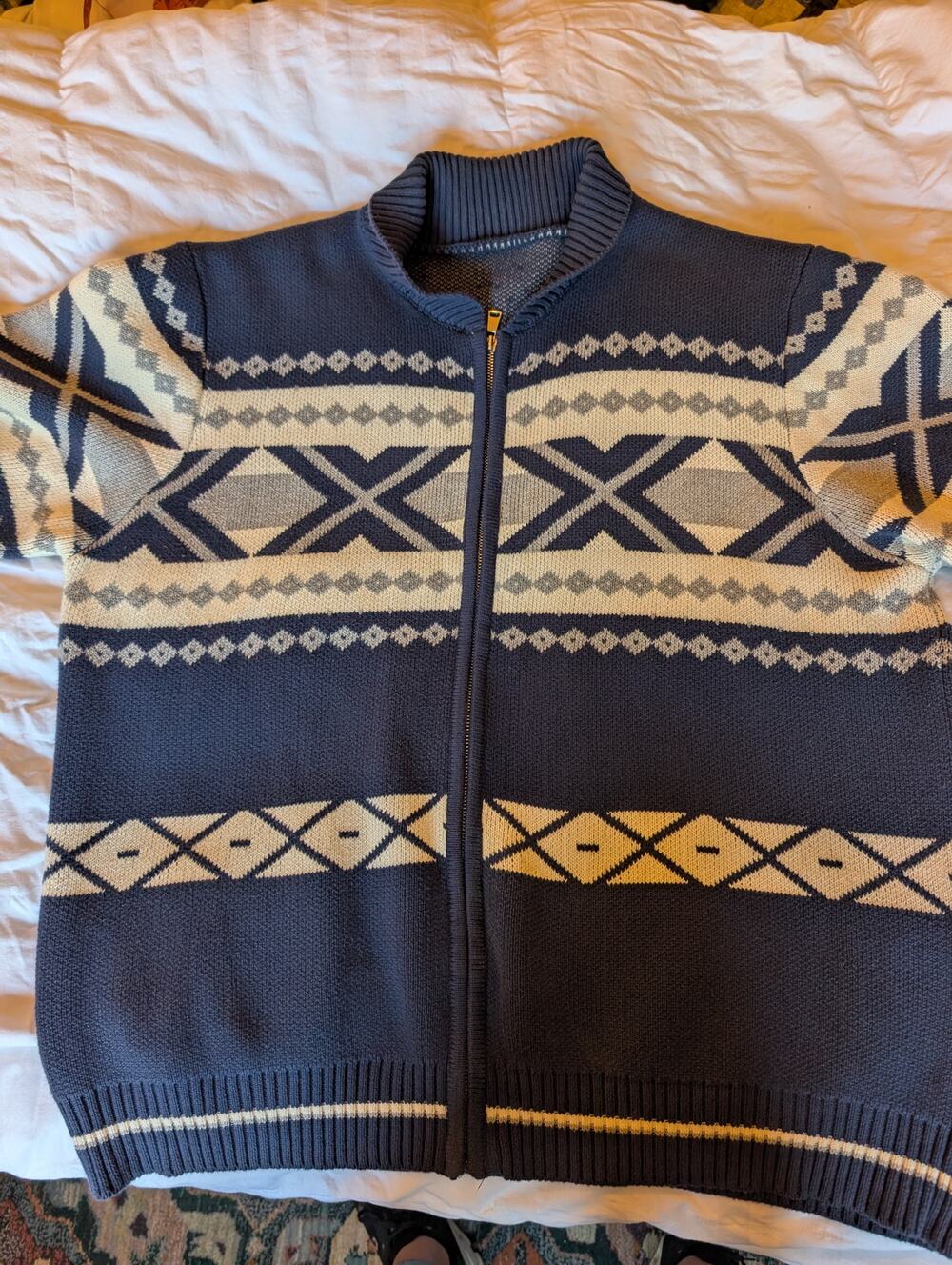 Women's Navy Cream Fair Isle Nordic Zip Up Cardigan Sweater Jacket XL